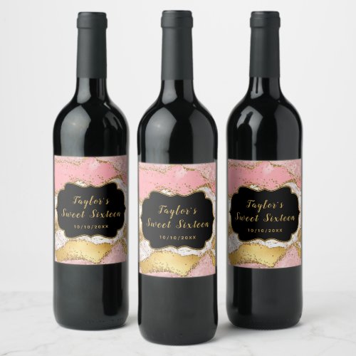 Gold Pink Sequins Agate Sweet Sixteen Thank You Wine Label