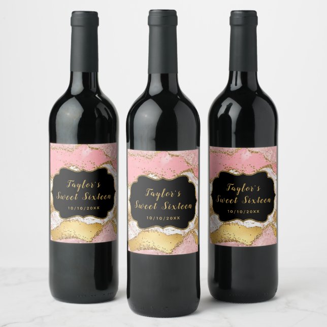 Gold Pink Sequins Agate Sweet Sixteen Thank You Wine Label (Bottles)
