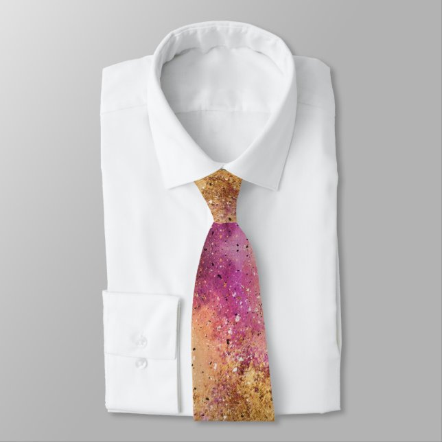 Gold Pink Sky Watercolour Wedding Groomsmen Neck Tie (Tied)