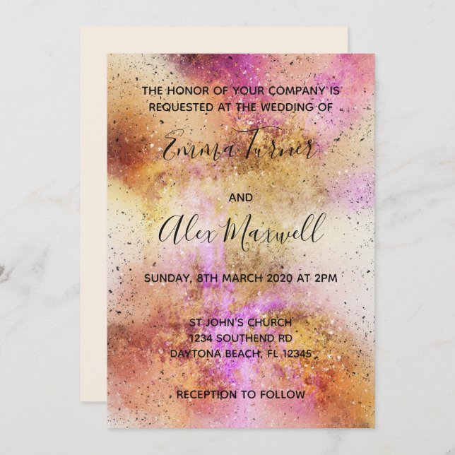 Gold Pink Sky Wedding Invitation Script Postcard (Front/Back)