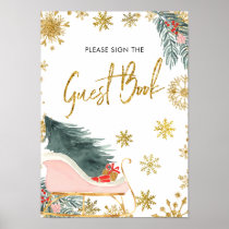 Gold Pink Sleigh Christmas Baby Shower Guest Book