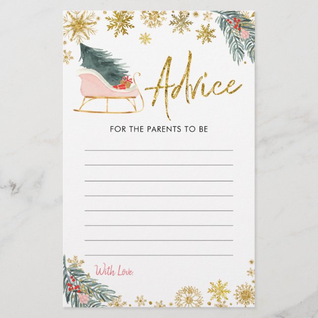 Gold Pink Sleigh Winter Baby Shower Advice Card (Front)