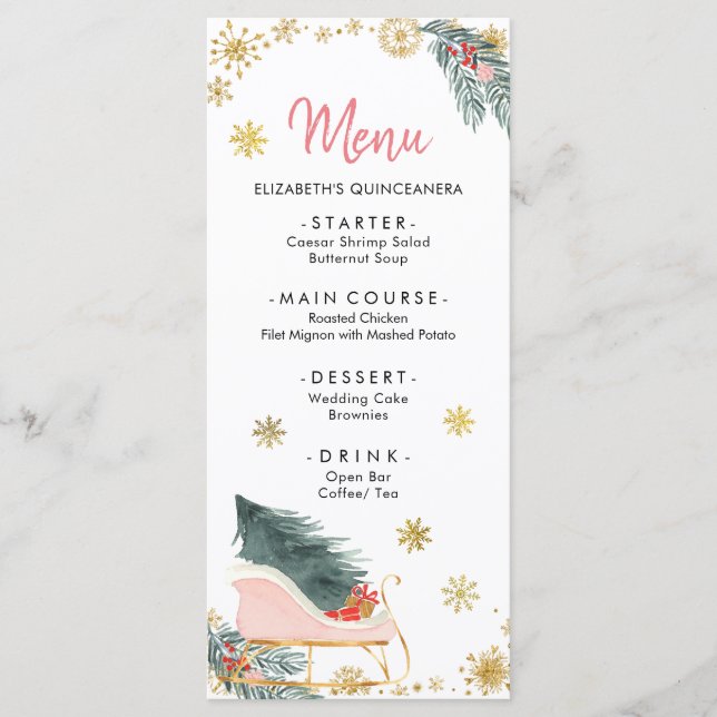 Gold Pink Sleigh Winter Snowflake Baby Shower Menu (Front)