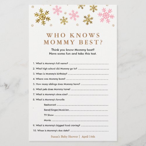Gold_Pink Snowflake Baby Shower Mommy Game Card