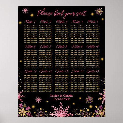 Gold Pink Snowflake Wedding 15 Table Seating Chart