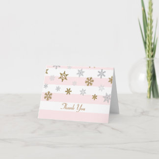 Gold Pink Snowflakes Thank You Cards