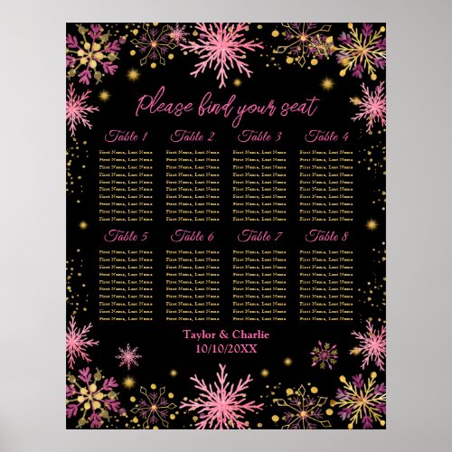 Gold Pink Snowflakes Wedding 8 Table Seating Chart