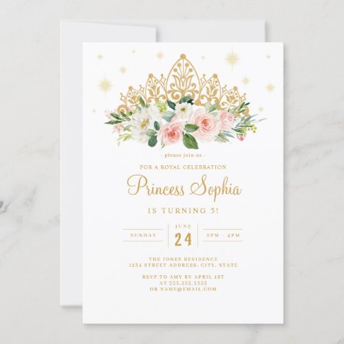 Gold Pink Sparkle Princess Floral Tiara Birthday Invitation