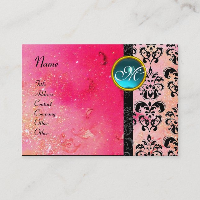 GOLD PINK SPARKLING DAMASK MONOGRAM ,fuchsia blue Business Card (Front)