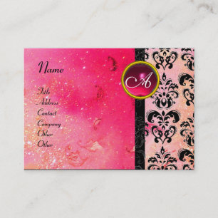 GOLD PINK SPARKLING DAMASK MONOGRAM ,fuchsia ruby Business Card