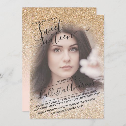 Gold Pink Sparkly Glitter Ombre Photo Sweet 16 Invitation