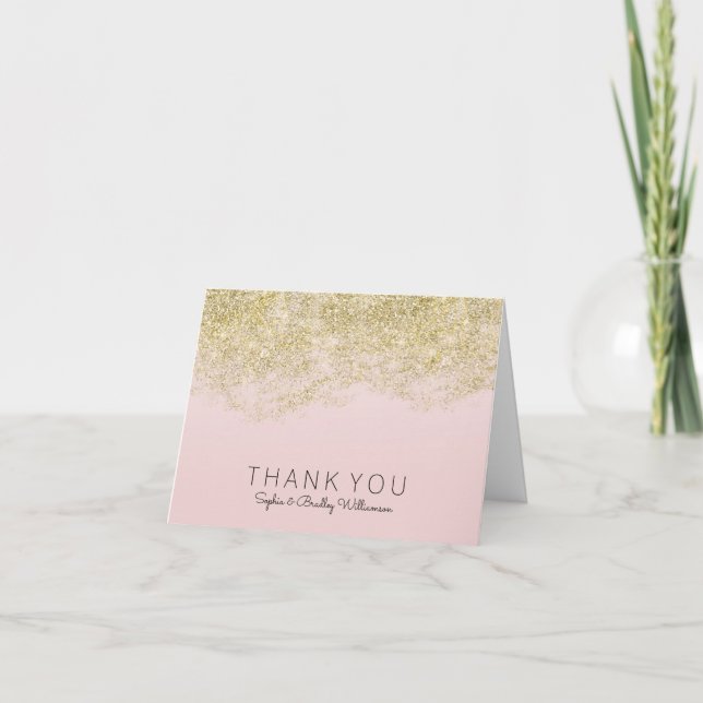 Gold Pink Sparkly Glitter Personalized Thank you Card (Front)