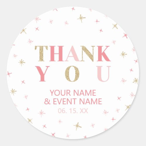 Gold  Pink Stars Thank you Baby Shower Favor Classic Round Sticker