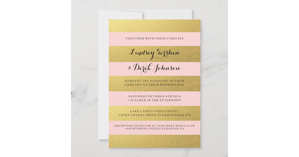 Gold Pink Stripes Custom Invitation | Zazzle