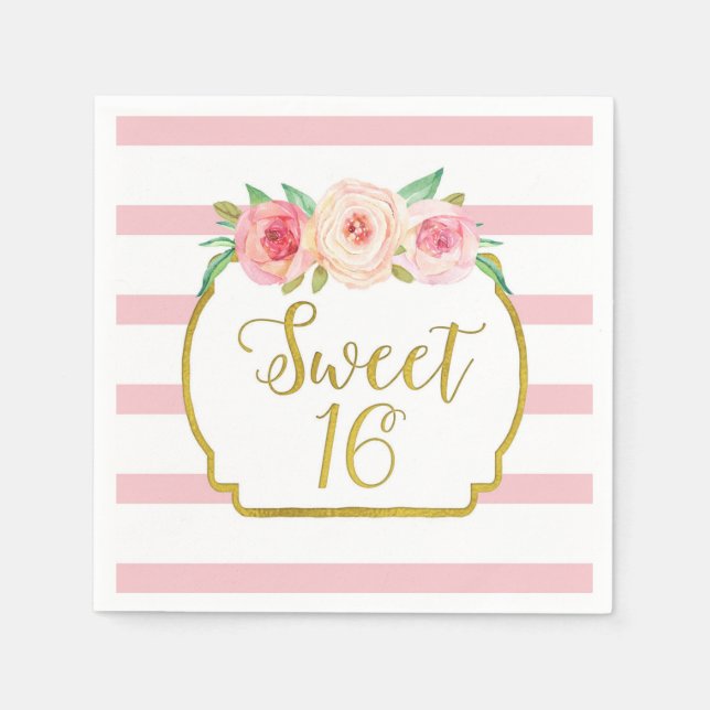 Gold Pink Stripes Flowers Sweet 16 Birthday Napkins (Front)