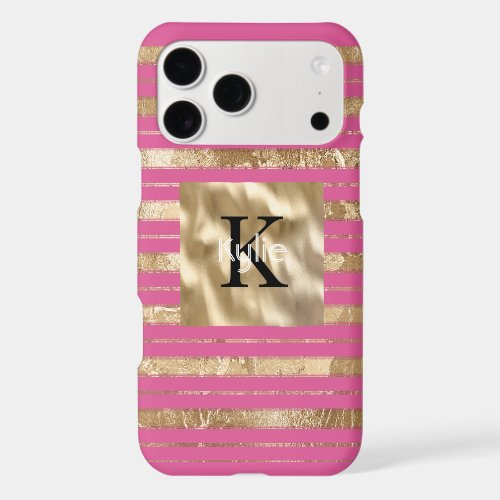 Gold Pink Stripes Monogram Name iPhone 17 Pro Max Case