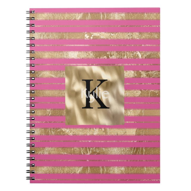Gold Pink Stripes Monogram Name Notebook (Front)