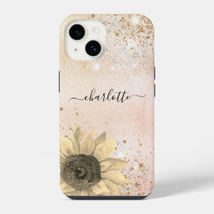 Gold pink sunflower rustic name iPhone 14 case