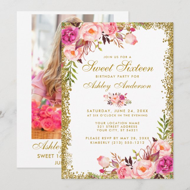 Gold Pink Sweet 16 Birthday Invite -  Photo Back (Front/Back)