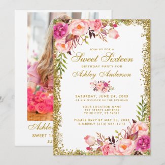Gold Pink Sweet 16 Birthday Invite -  Photo Back
