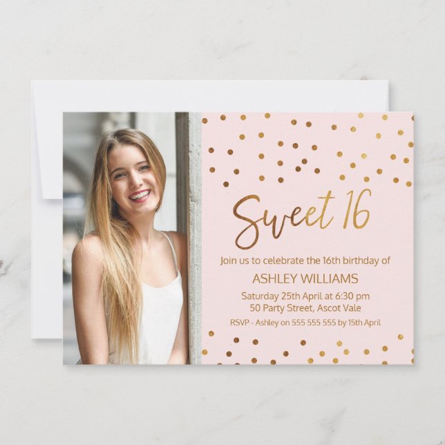 Gold Pink Sweet Sixteen Birthday Invitation (Front)