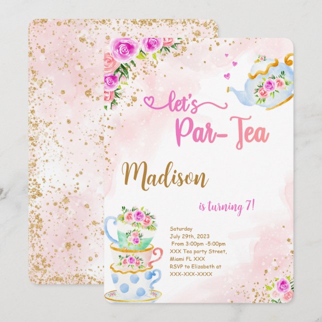 Gold & Pink Tea Party Birthday Invitation (Front/Back)