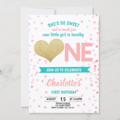 Gold Pink Teal Heart Confetti Girl 1st Birthday Invitation