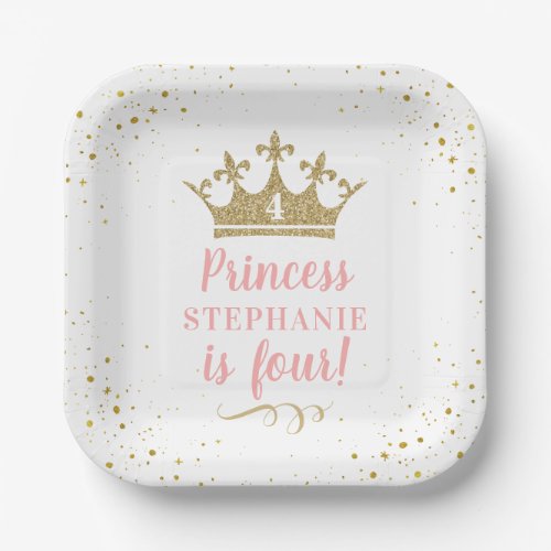 Gold Pink Tiara Crown Birthday Party Square Paper Plates