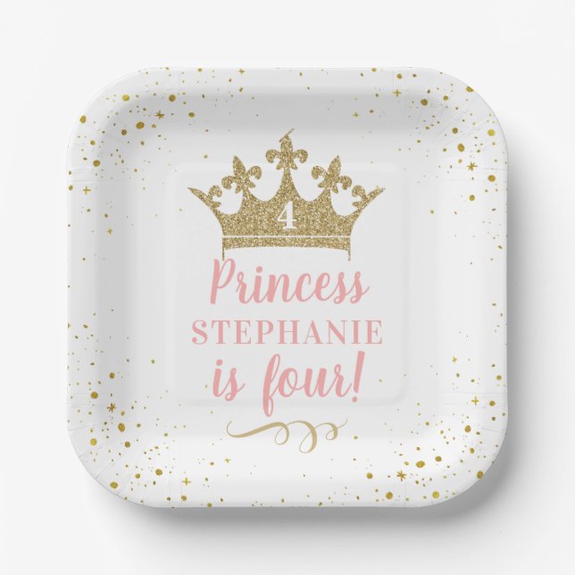 Gold Pink Tiara Crown Birthday Party Square Paper Plates (Front)