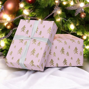 Gold pink trees illustration christmas pattern wrapping paper