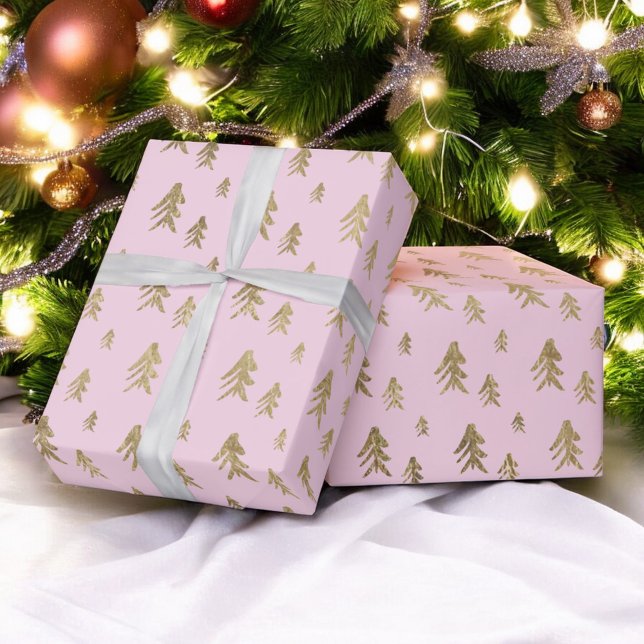 Gold pink trees  illustration christmas pattern wrapping paper (Gold pink trees illustration christmas pattern wrapping paper)