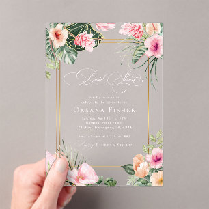 Gold Pink Tropical Beach Destination Bridal Shower Acrylic Invitations