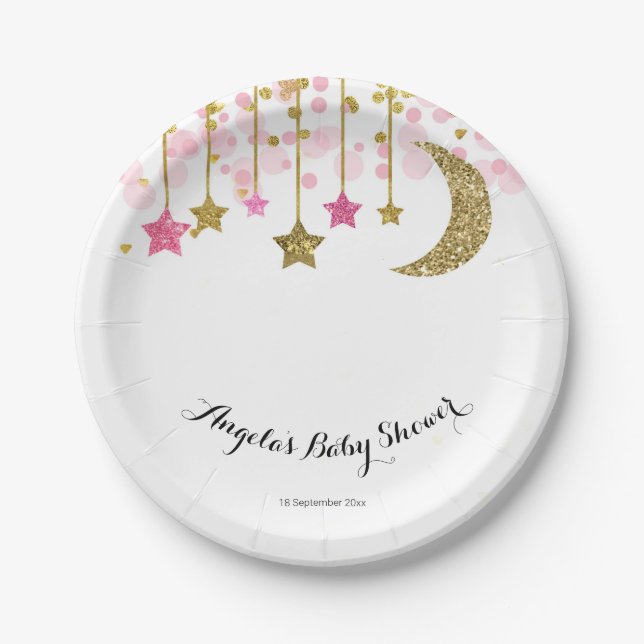 Gold Pink twinkle twinkle Baby Show Paper Plate (Front)