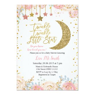 Gold Pink Twinkle Twinkle Little Star Baby Shower Invitation
