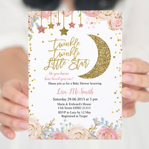 Gold Pink Twinkle Twinkle Little Star Baby Shower Invitation