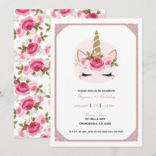 Gold & Pink Unicorn Floral Roses Birthday Party  I Invitation (Front/Back)