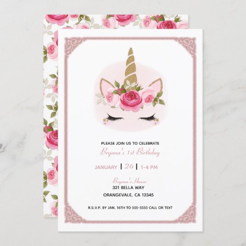 Gold  Pink Unicorn Floral Roses Birthday Party  I Invitation