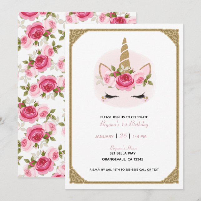 Gold & Pink Unicorn Floral Roses Birthday Party In Invitation (Front/Back)