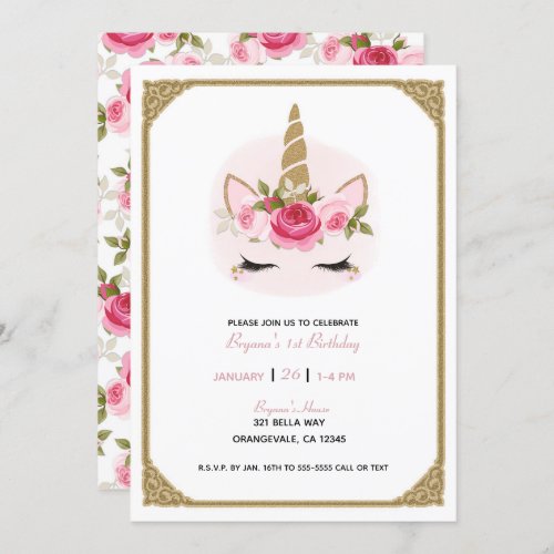 Gold  Pink Unicorn Floral Roses Birthday Party In Invitation