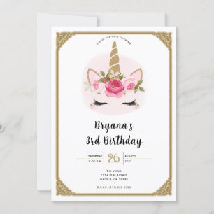 Gold & Pink Unicorn Floral Roses Birthday Party In Invitation
