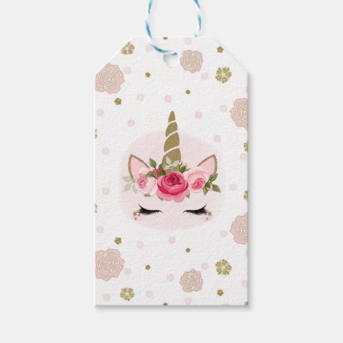 Gold  Pink Unicorn Flower Blooms Birthday Party Gift Tags