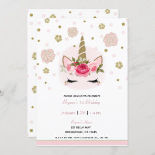 Gold & Pink Unicorn Flower Blooms Birthday Party Invitation