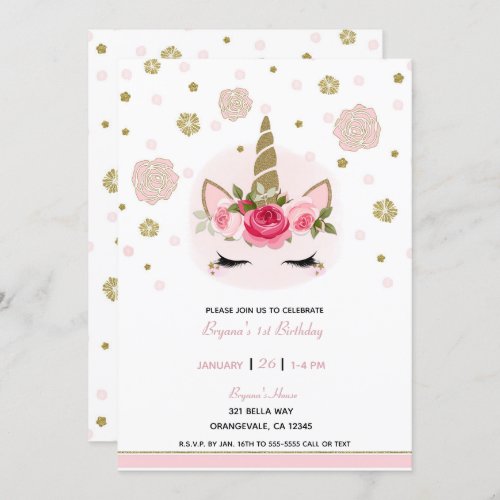 Gold  Pink Unicorn Flower Blooms Birthday Party Invitation