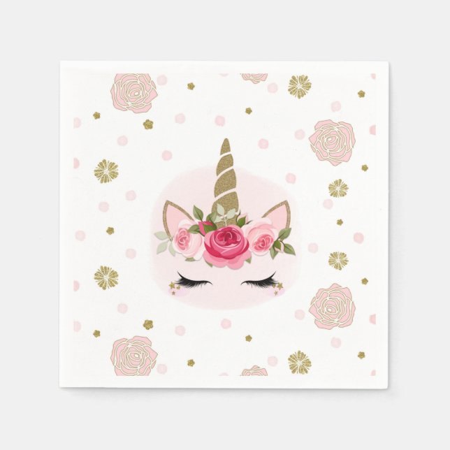 Gold & Pink Unicorn Flower Blooms Birthday Party Napkins (Front)