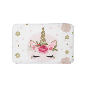 Gold & Pink Unicorn Flower Blooms Trendy Cute Bath Mat