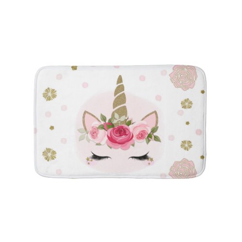 Gold  Pink Unicorn Flower Blooms Trendy Cute Bath Mat