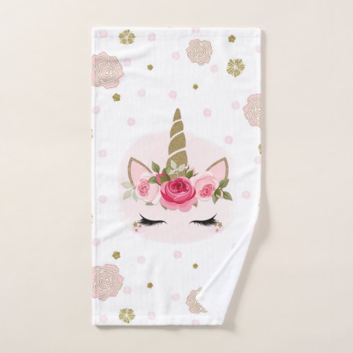 Gold  Pink Unicorn Flower Blooms Trendy Cute Bath Towel Set