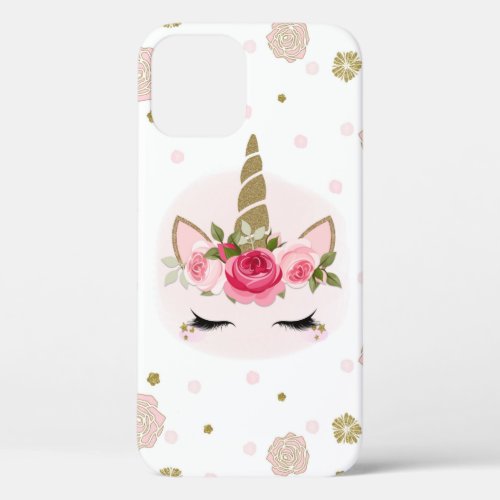 Gold  Pink Unicorn Flower Blooms Trendy Cute iPhone 12 Case