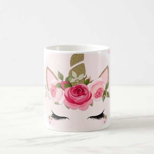 Gold  Pink Unicorn Flower Blooms Trendy Cute Coffee Mug