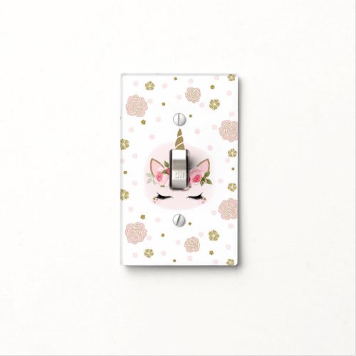 Gold  Pink Unicorn Flower Blooms Trendy Cute Light Switch Cover